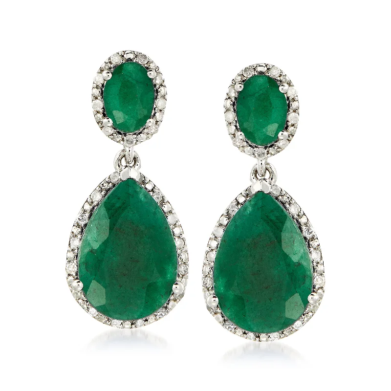 Ross-Simons Emerald and . Diamond Drop Earrings in Sterling Silver