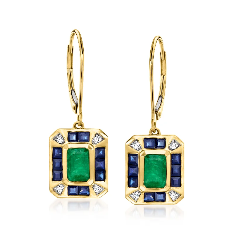 Ross-Simons Emerald and Sapphire Drop Earrings With Diamond Accents in 14kt Yellow Gold