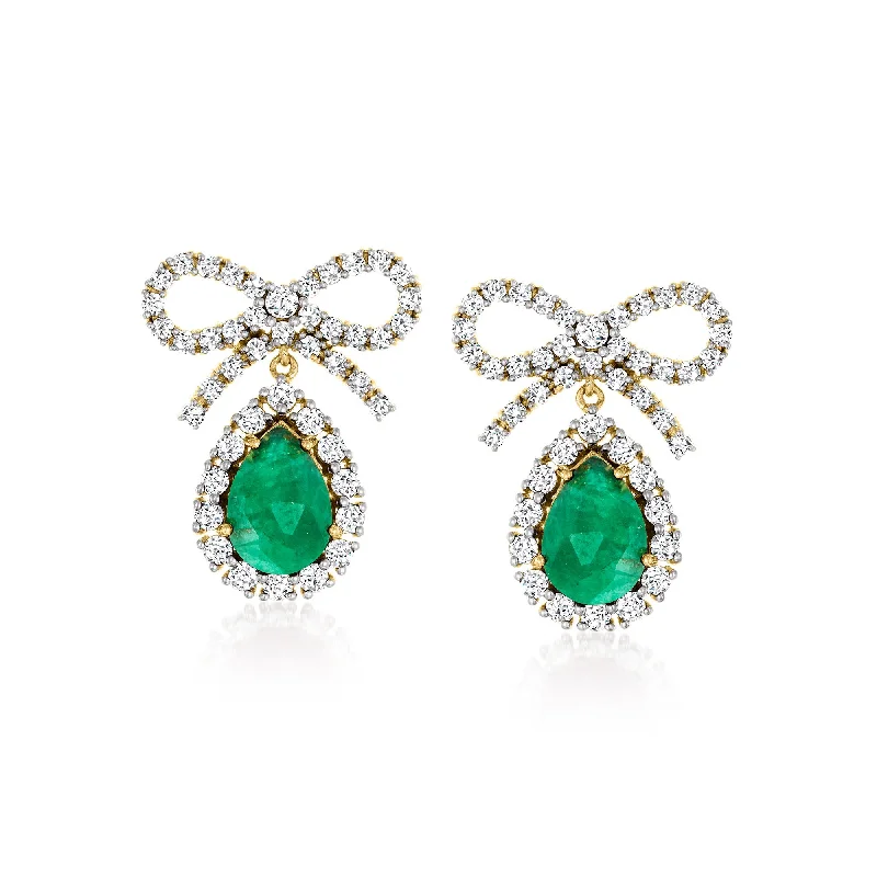 Ross-Simons Emerald and White Topaz Bow Drop Earrings in 18kt Gold Over Sterling