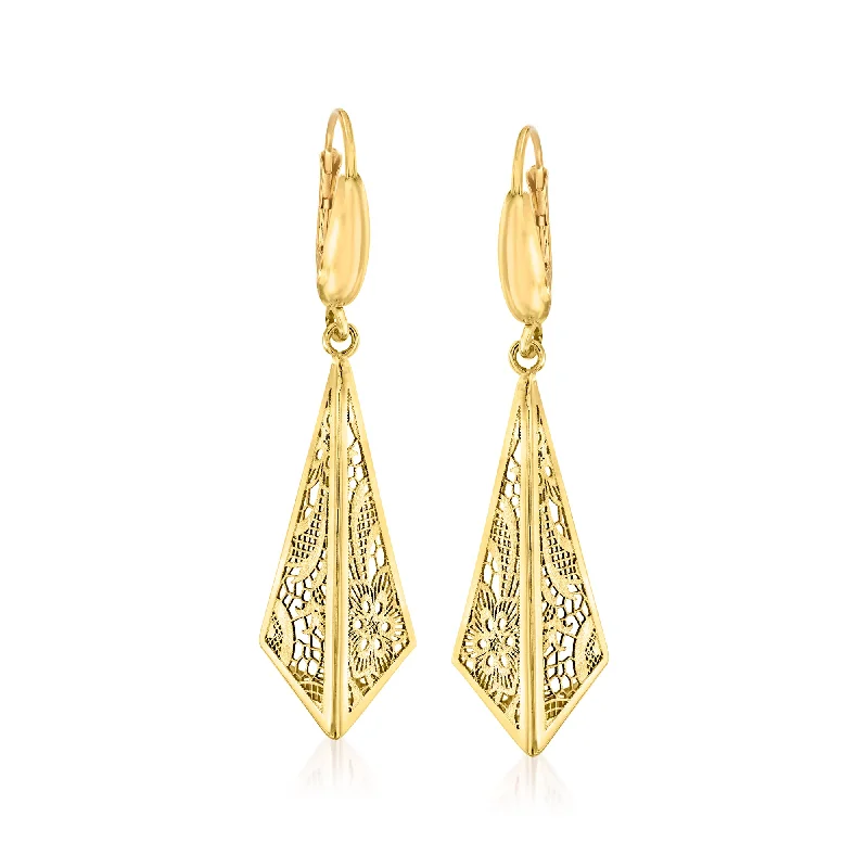 Ross-Simons Italian 14kt Yellow Gold Filigree Triangle Drop Earrings