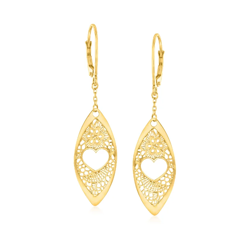 Ross-Simons Italian 14kt Yellow Gold Heart Lace Marquise-Shaped Drop Earrings