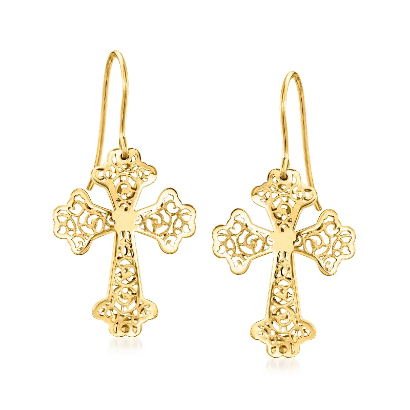 Ross-Simons Italian 14kt Yellow Gold Lace Openwork Cross Drop Earrings