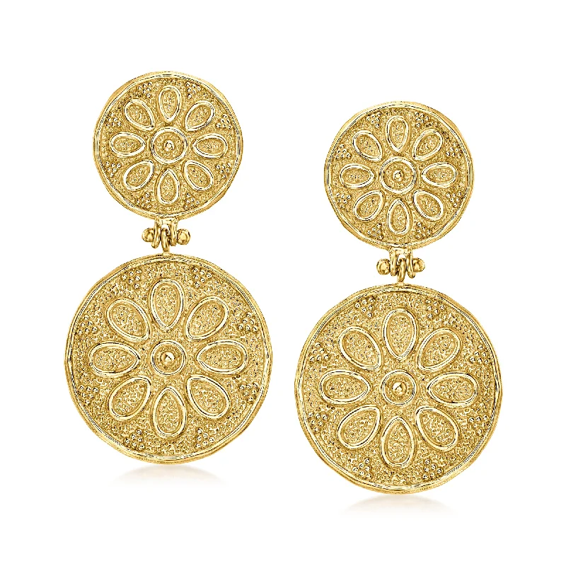 Ross-Simons Italian 18kt Gold Over Sterling Floral Etruscan-Style Drop Earrings