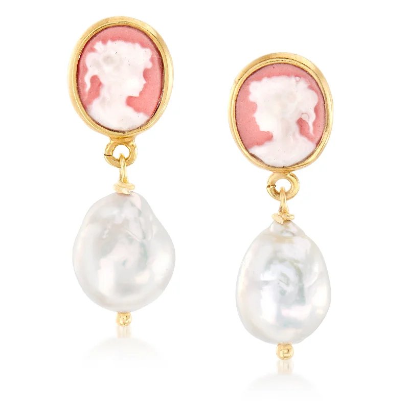 Ross-Simons Italian 9-10mm Cultured Pearl Cameo Drop Earrings in 18kt Gold Over Sterling