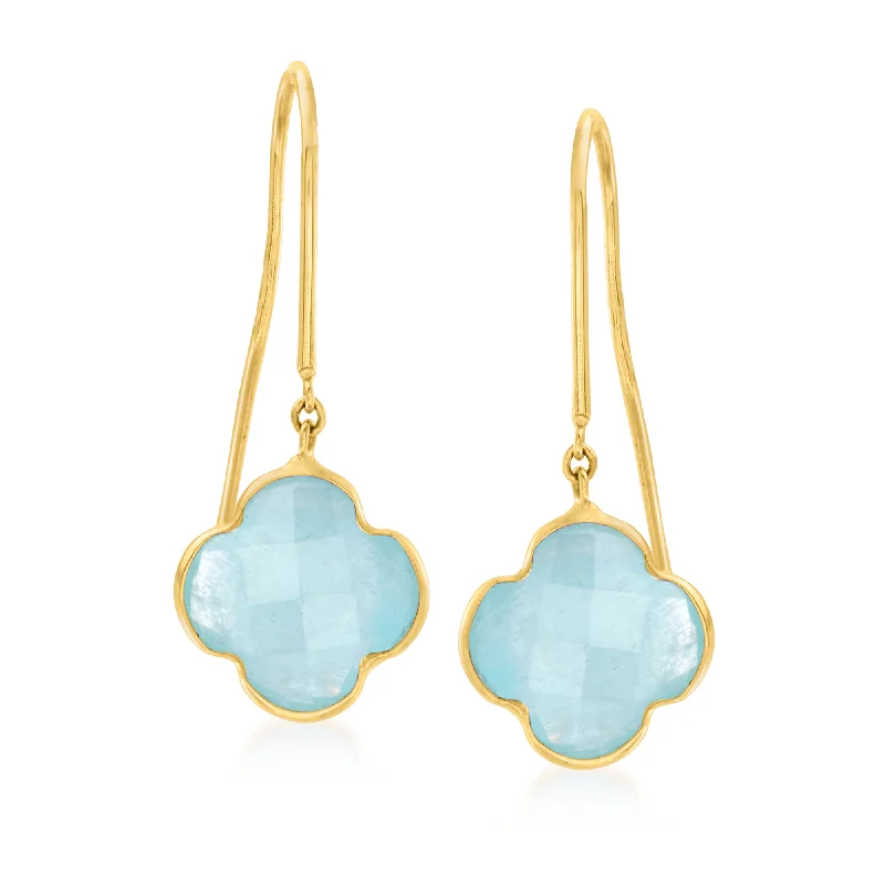 Ross-Simons Italian Aquamarine Clover Drop Earrings in 14kt Yellow Gold