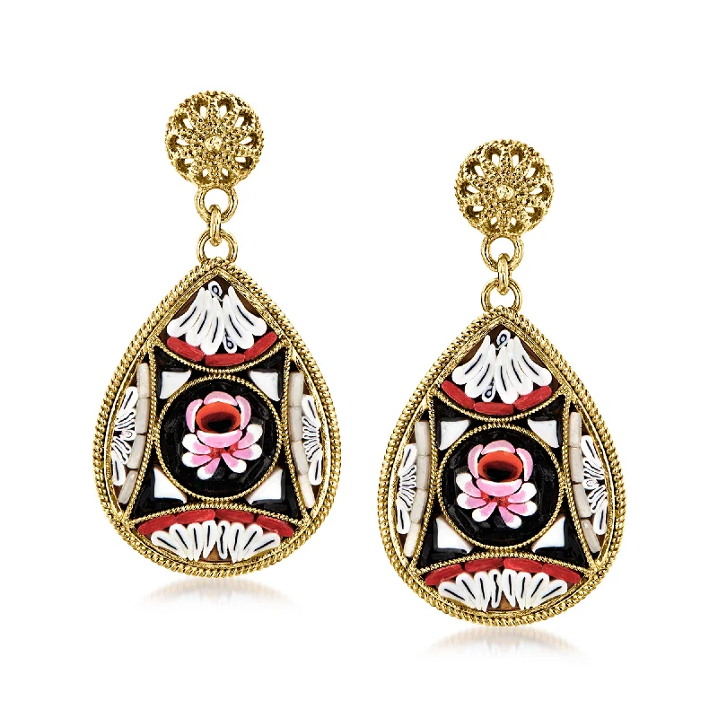 Ross-Simons Italian Multicolored Murano Glass Floral Mosaic Teardrop Earrings in 18kt Gold Over Sterling