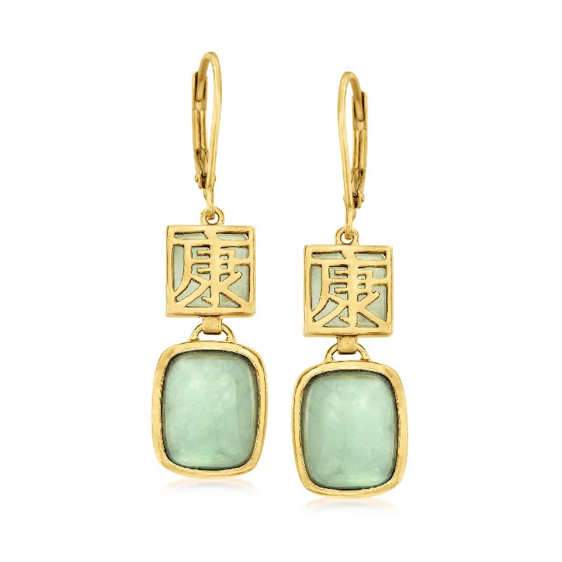 Ross-Simons Jade "Longevity" Drop Earrings in 18kt Gold Over Sterling