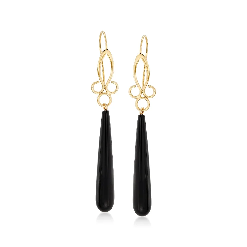 Ross-Simons Long Teardrop Black Onyx Drop Earrings in 14kt Yellow Gold