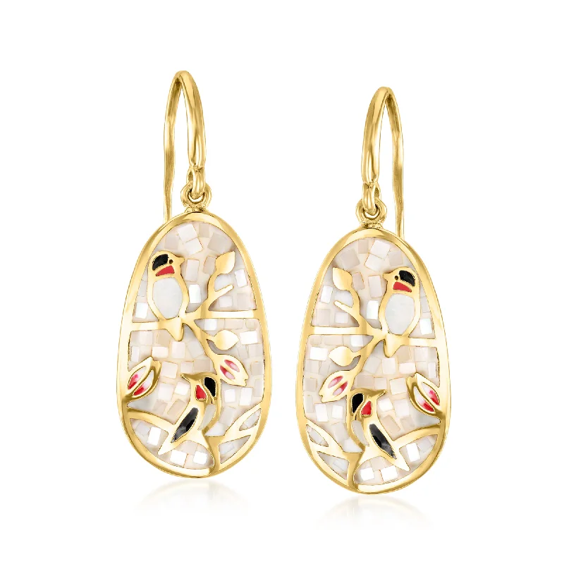 Ross-Simons Mother-Of-Pearl and Multicolored Enamel Bird Drop Earrings in 18kt Gold Over Sterling