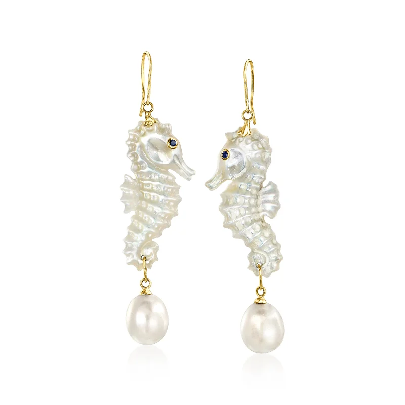 Ross-Simons Mother-Of-Pearl Seahorse Drop Earrings With 9.5-10mm Cultured Pearls and . Sapphires in 14kt Yellow Gold