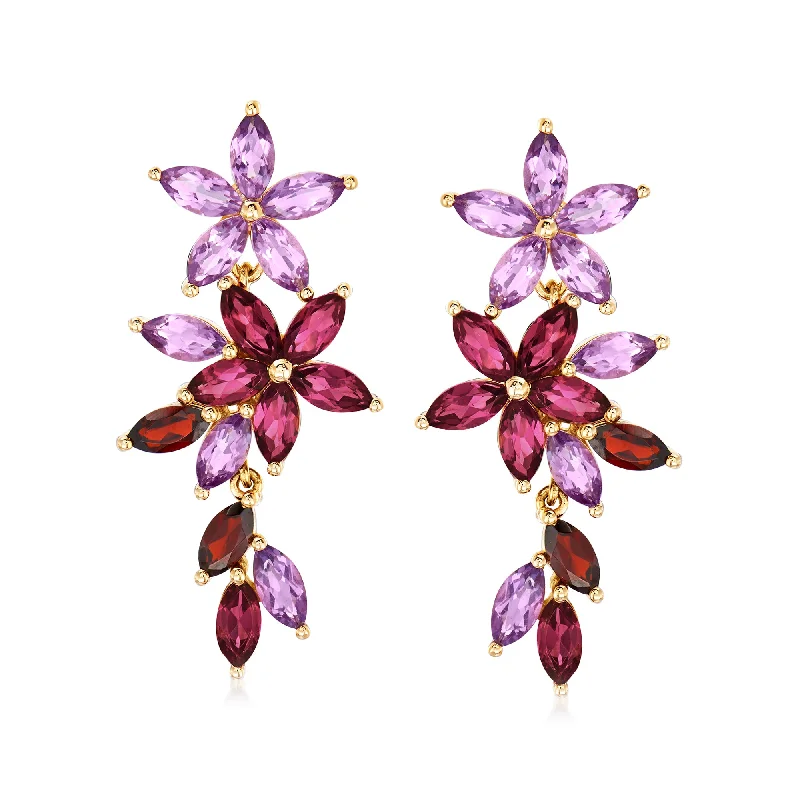 Ross-Simons Multi-Gemstone Floral Drop Earrings in 18kt Gold Over Sterling