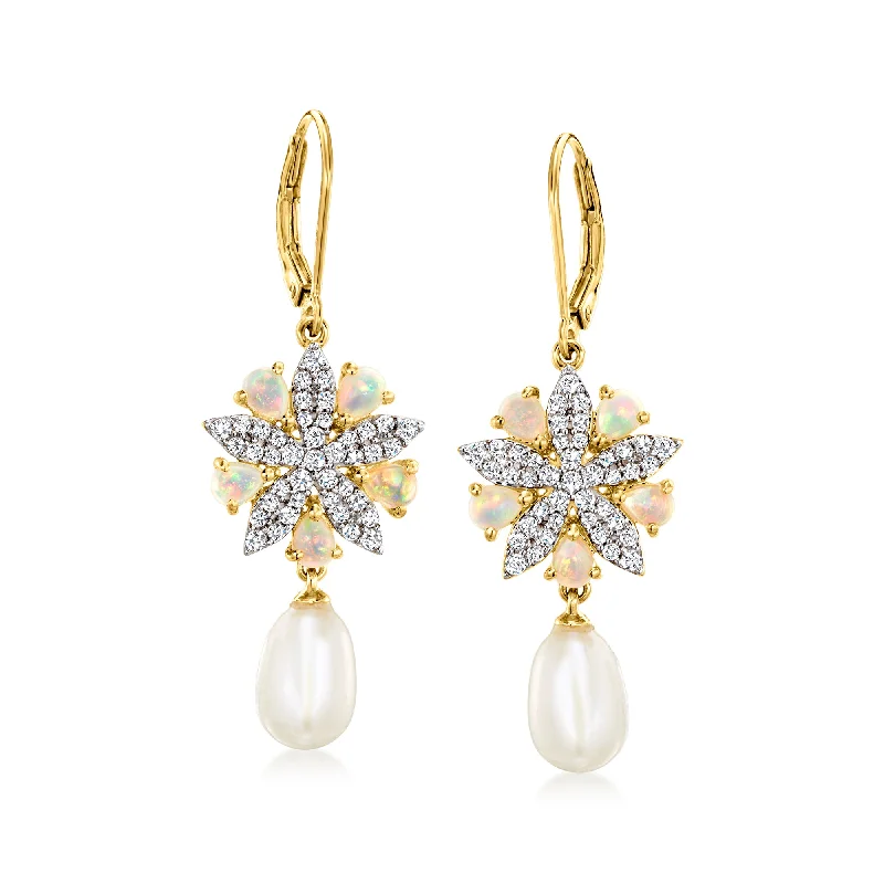 Ross-Simons Opal, 10x7mm Cultured Pearl and White Topaz Starfish Drop Earrings in 18kt Gold Over Sterling