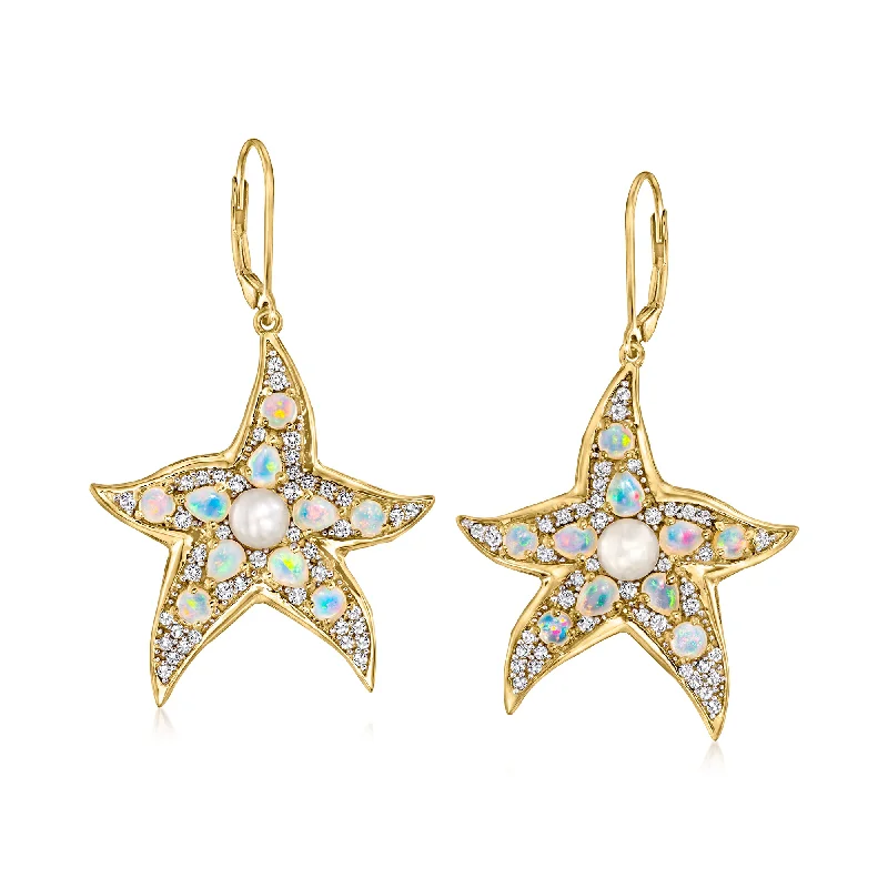 Ross-Simons Opal and 5-5.5mm Cultured Pearl Starfish Drop Earrings With White Topaz in 18kt Gold Over Sterling