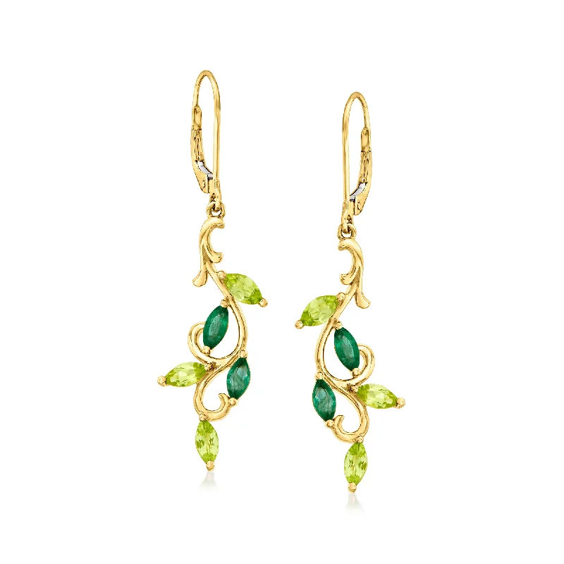 Ross-Simons Peridot and . Emerald Leafy Vine Drop Earrings in 14kt Yellow Gold