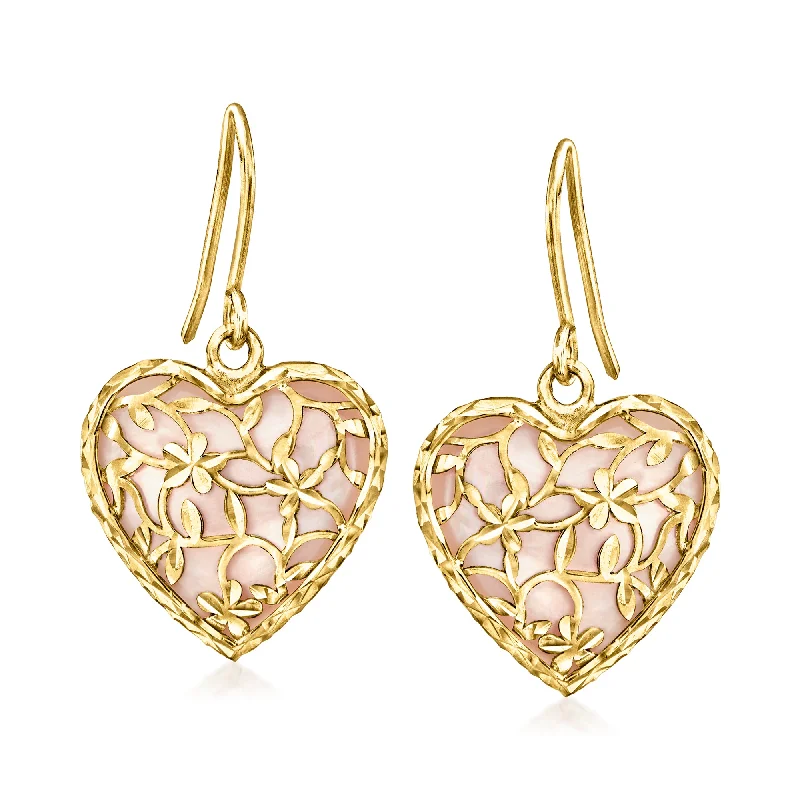 Ross-Simons Pink Mother-Of-Pearl Floral Heart Drop Earrings in 14kt Yellow Gold