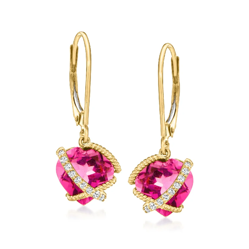 Ross-Simons Pink Topaz Heart Drop Earrings With Diamond Accents in 14kt Yellow Gold