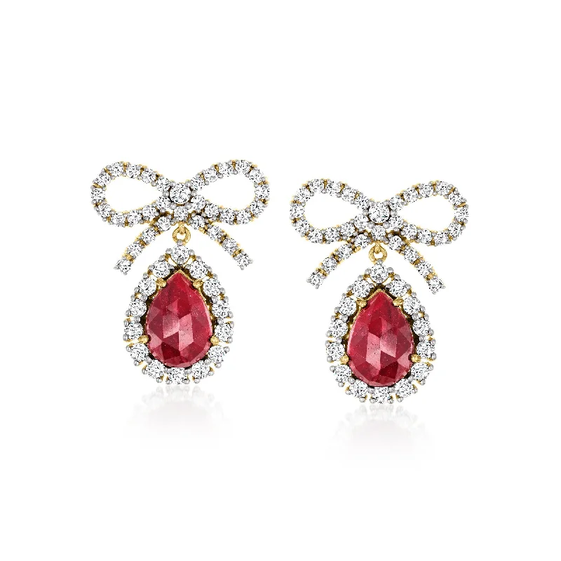 Ross-Simons Ruby and White Topaz Bow Drop Earrings in 18kt Gold Over Sterling