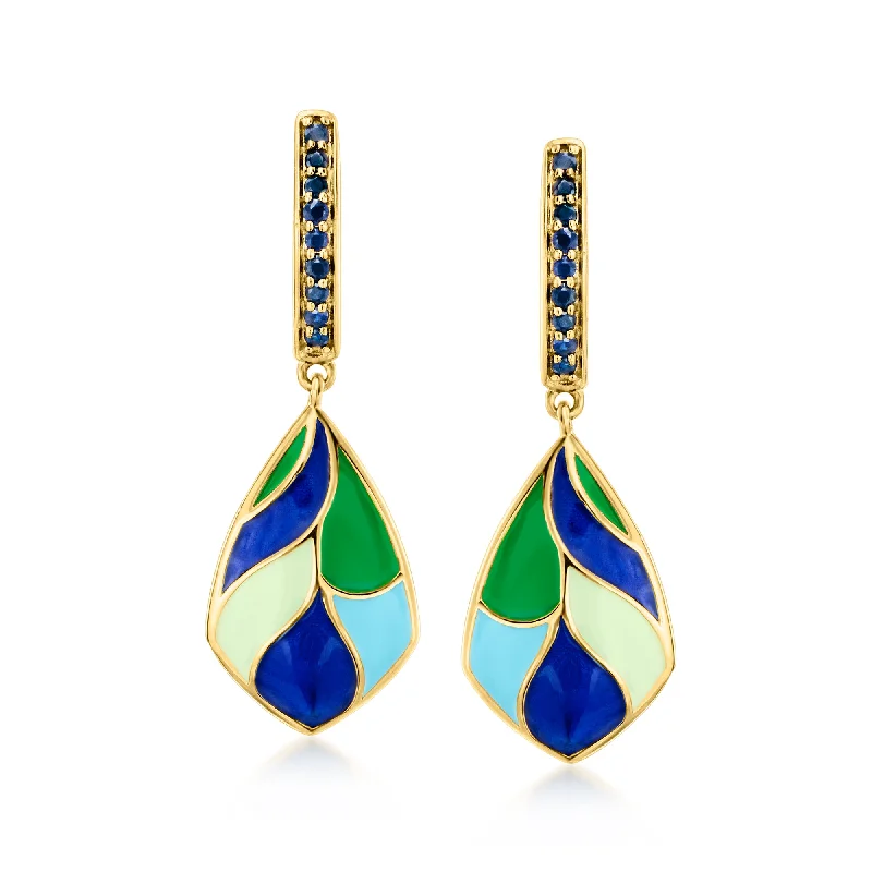 Ross-Simons Sapphire and Blue and Green Enamel Drop Earrings in 18kt Gold Over Sterling