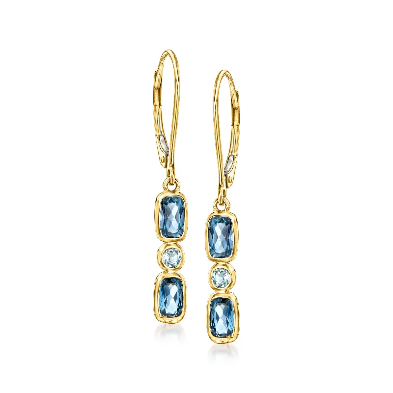 Ross-Simons Sky and London Blue Topaz Drop Earrings in 14kt Yellow Gold