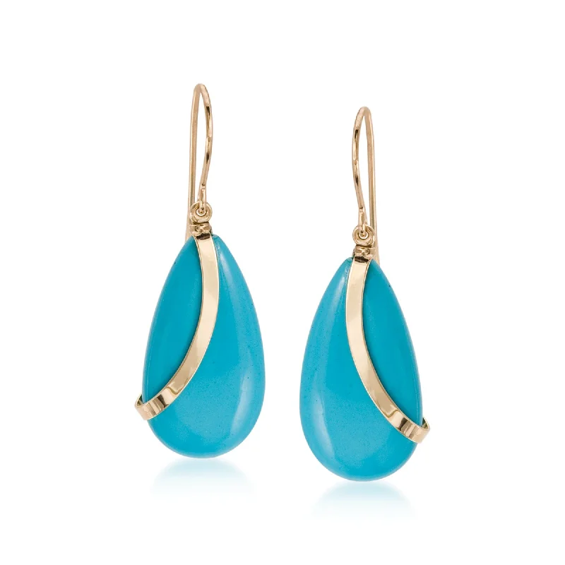 Ross-Simons Turquoise Teardrop Earrings in 14kt Yellow Gold