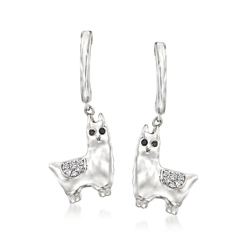 Ross-Simons White and Black Diamond Llama Hoop Drop Earrings in Sterling Silver