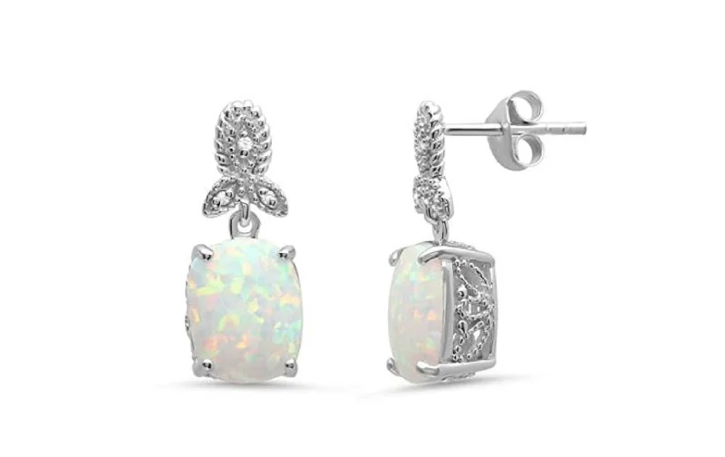 Sterling Silver 10x8mm Created Opal and Diamond Accent Dangle Drop Earrings