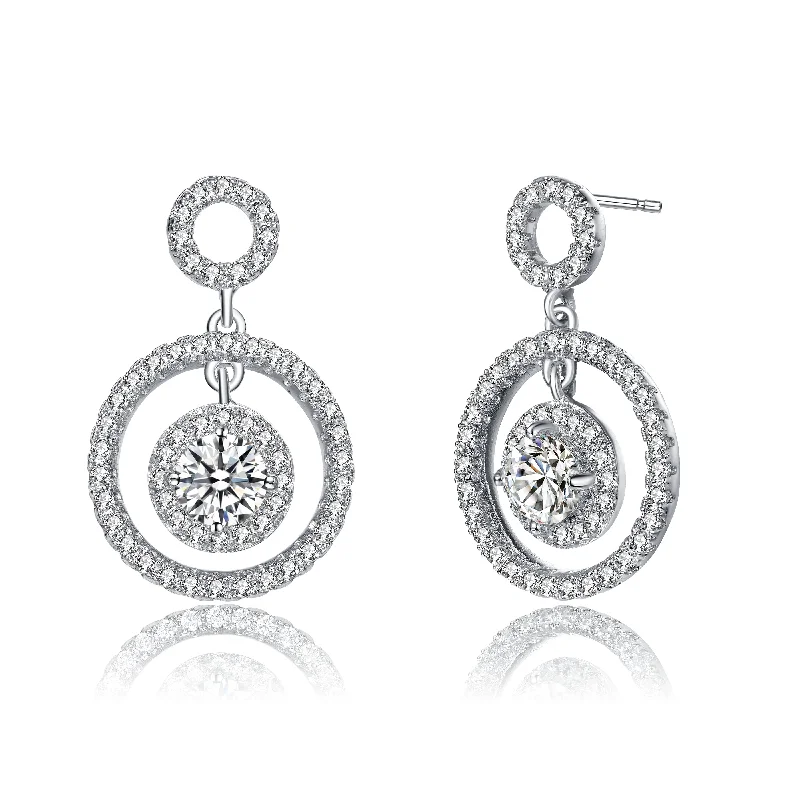 Sterling Silver with White Gold Plated Clear Round Cubic Zirconia Three Halo Drop Earrings