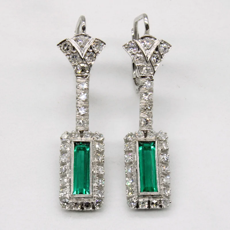 Synthetic Emerald & Natural Diamond Drop Earrings | 0.60ctw, 0.56ctw |