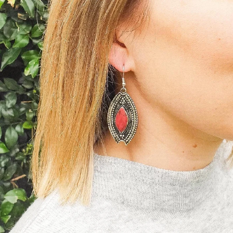 Tribal Drop Earrings - Red Stone