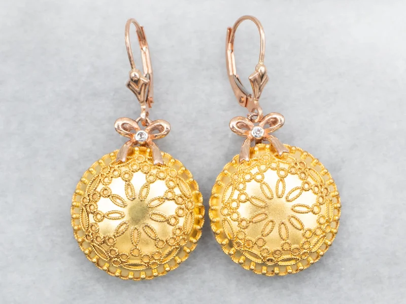 Two Tone Mandala Drop Earrings with Bow Detail and Diamond Accents