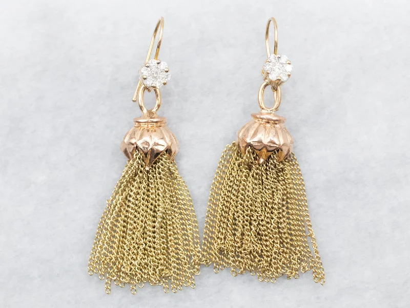 Two Tone Tassel Dangle Drop Earrings with Diamond Cluster Accent