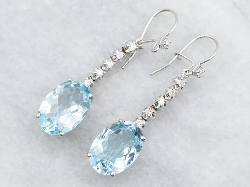 White Gold Blue Topaz and Diamond Drop Earrings