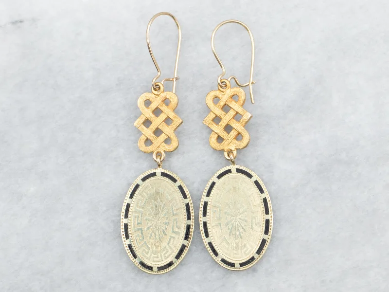 Yellow Gold Black Enamel Oval Drop Earrings with Celtic Knot