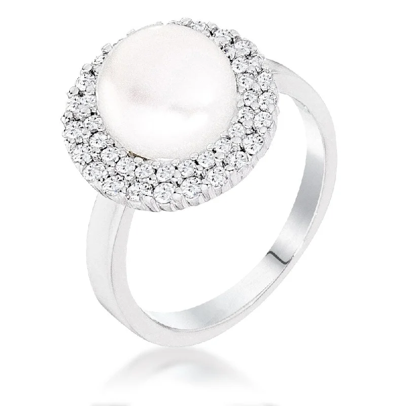 0.69 Ct Double Halo Ethereal Pearl Cocktail Ring with Cubic Zirconia