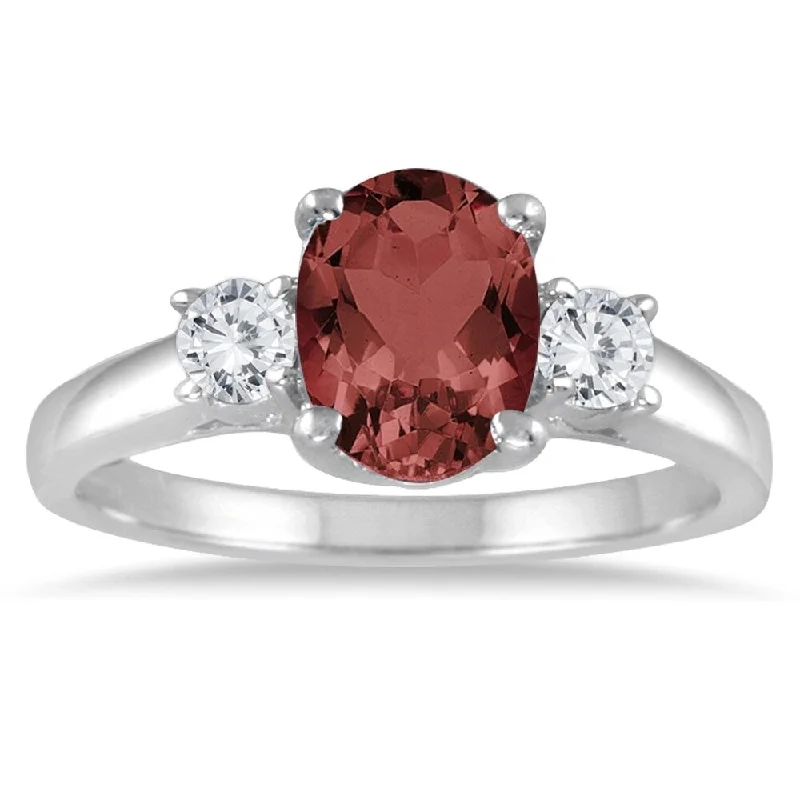 1 3/4 Garnet and Diamond Three Stone Ring 14K White Gold