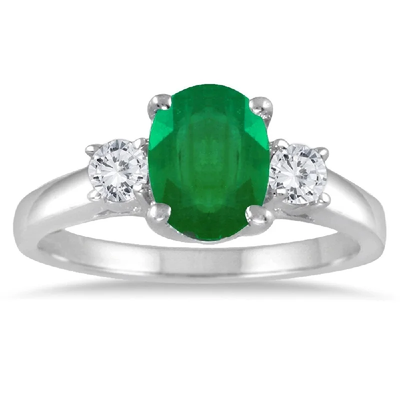 1.35 Carat Emerald and Diamond Three Stone Ring in 14K White Gold