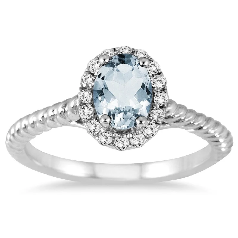 1 Carat Aquamarine and Diamond Halo Rope Ring in 10K White Gold