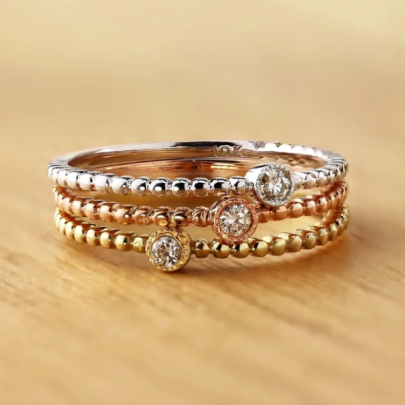 10k gold Diamond Accent Ultra-thin Beaded Stackable Ring by Auriya