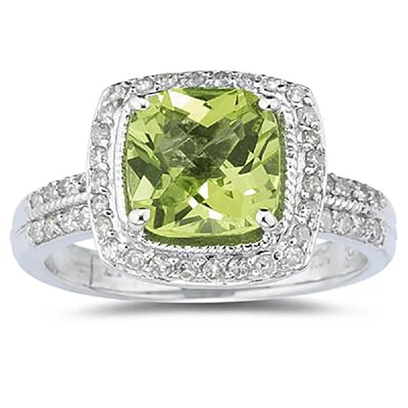 2 1/2 Carat Cushion Cut Peridot & Diamond Ring in 14K White Gold