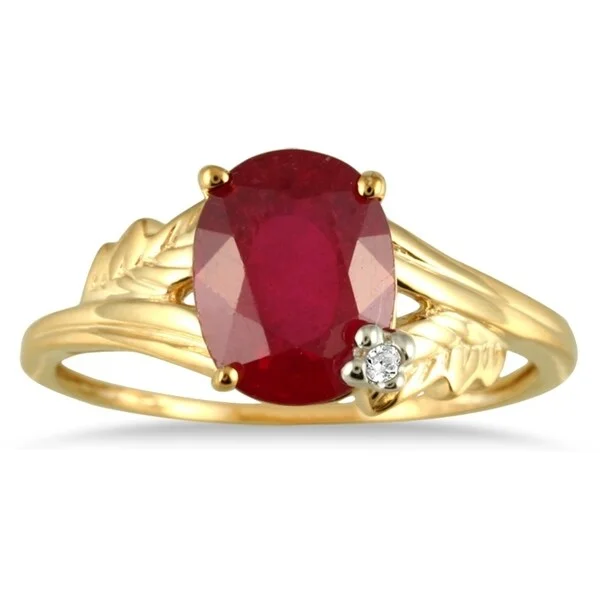 2.50 Carat Oval Ruby and Diamond leaf Ring in 10K Yellow Gold