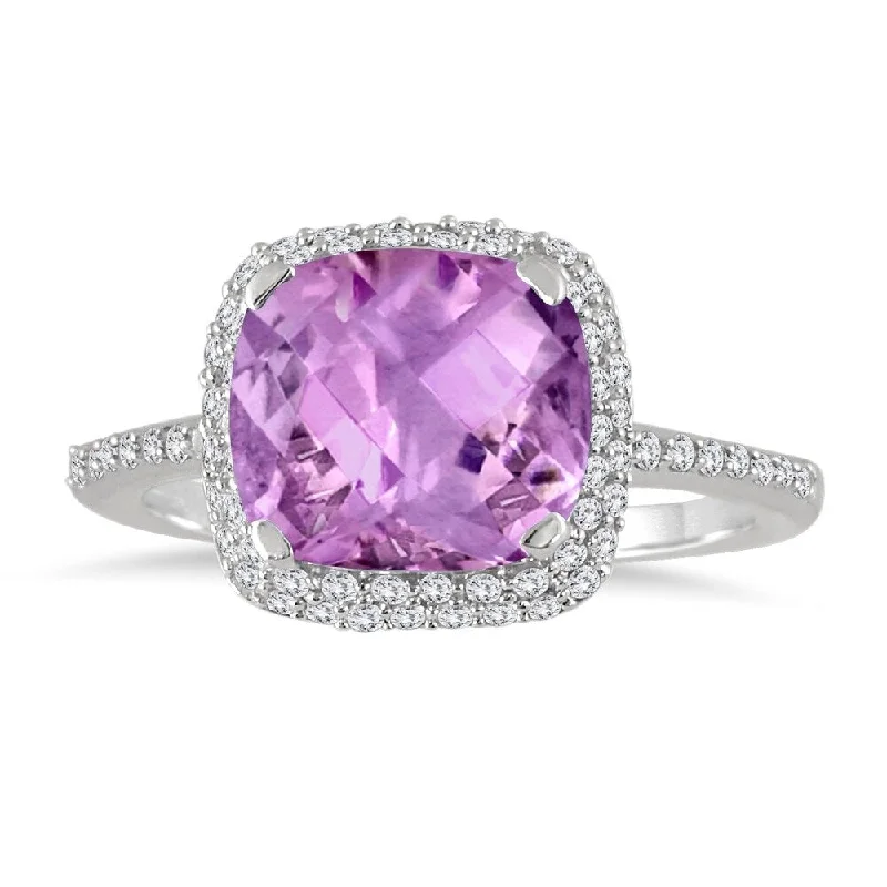 3 1/2 Carat Cushion Cut Amethyst and Diamond Halo Ring in 10K White Gold