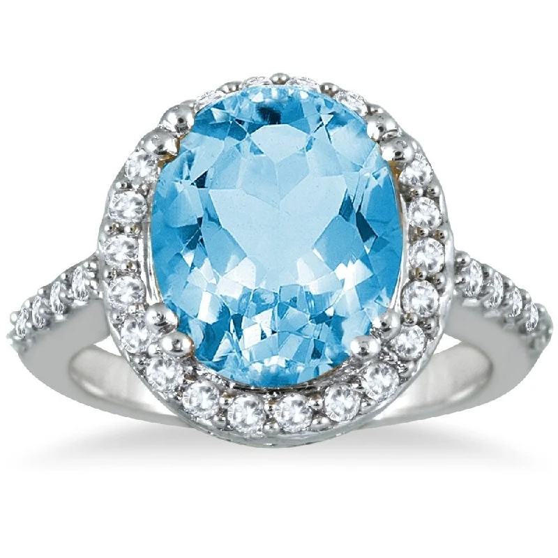 5 Carat Blue Topaz and Diamond Ring in 14K White Gold