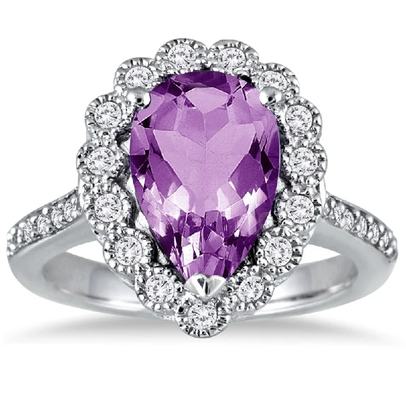 5 Carat Pear Shape Amethyst and Diamond Ring in 14K White Gold