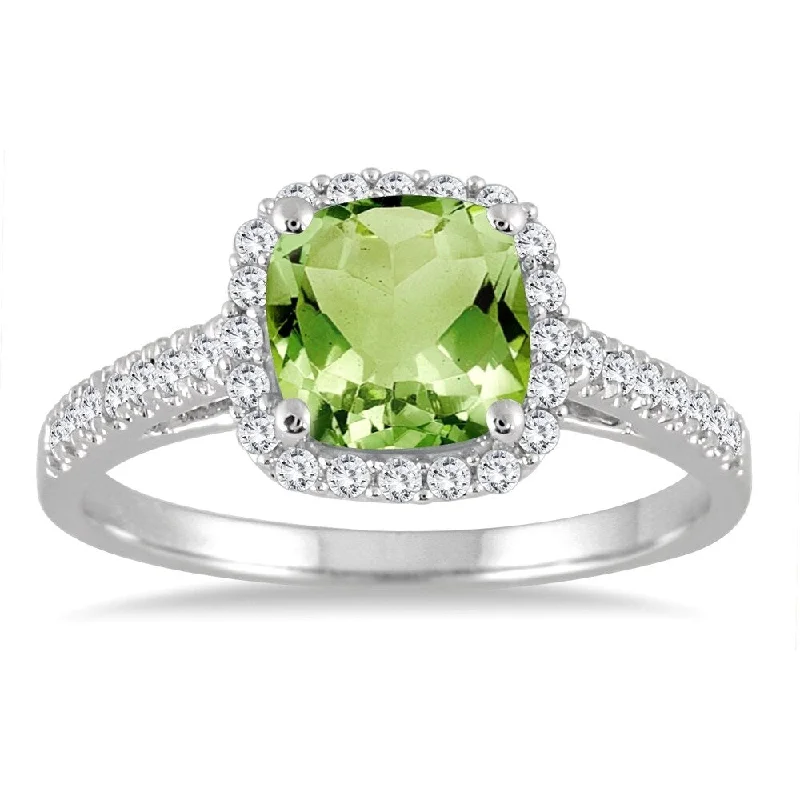 5MM Cushion Cut Peridot and Diamond Halo Ring in 10K White Gold