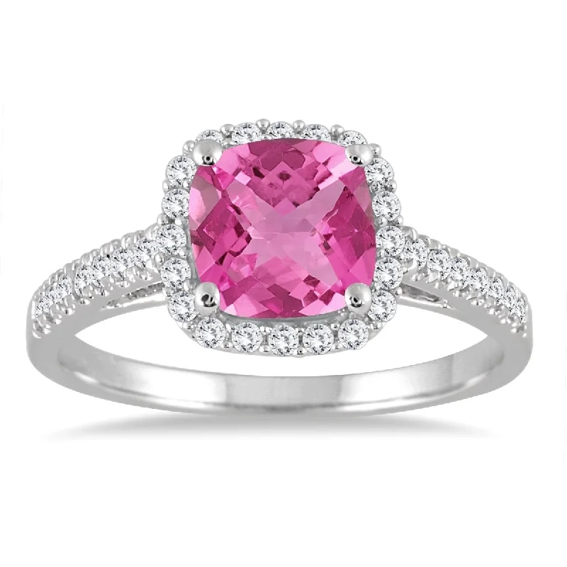 5MM Cushion Cut Pink Topaz and Diamond Halo Ring in 10K White Gold