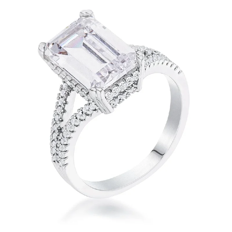 6.75Ct Rhodium Plated Emerald Cut Ring