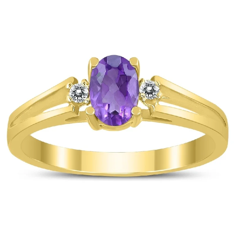 6X4MM Amethyst and Diamond Open Three Stone Ring in 10K Yellow Gold