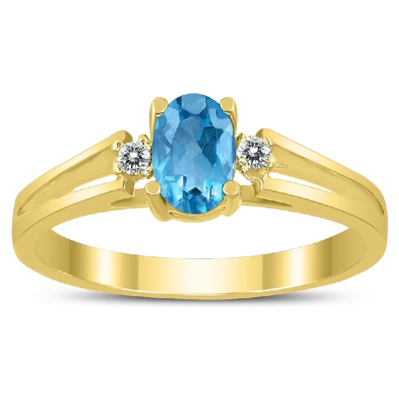 6X4MM Blue Topaz and Diamond Open Three Stone Ring in 10K Yellow Gold