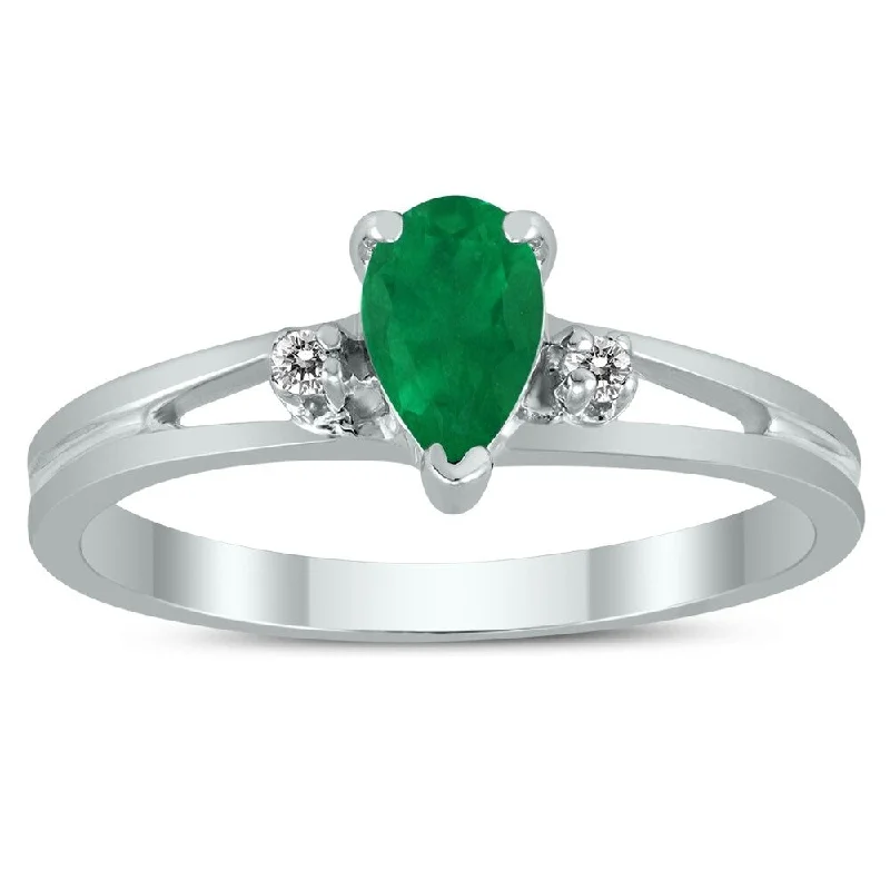 6X4MM Emerald and Diamond Pear Shaped Open Three Stone Ring in 10K White Gold