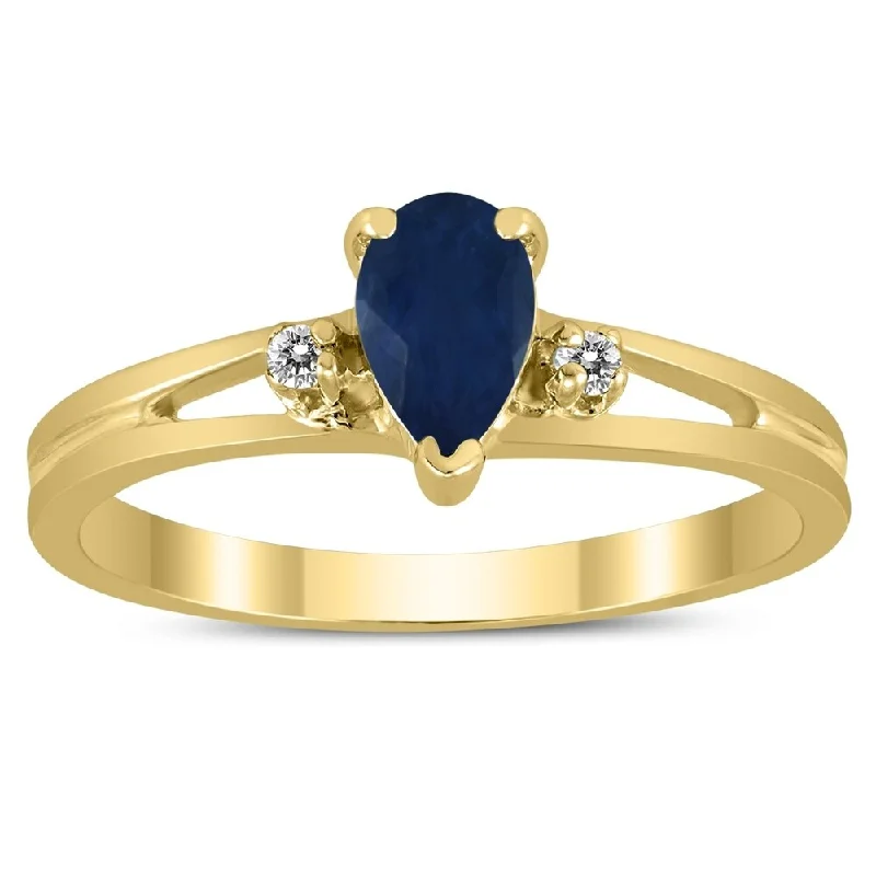 6X4MM Sapphire and Diamond Pear Shaped Open Three Stone Ring in 10K Yellow Gold